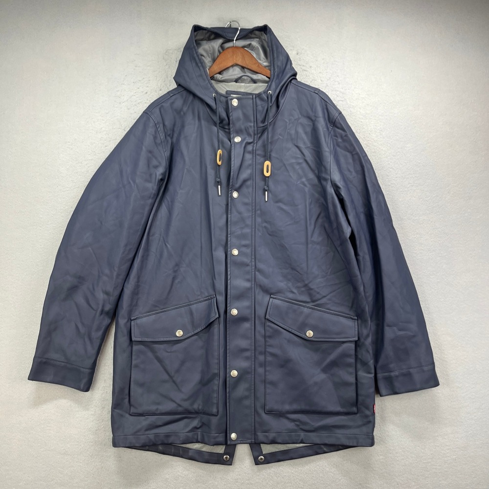 Levis Rain Jacket Mens XL Blue Hooded Rubberized Fishtail Parka Outdoor Gorpcore